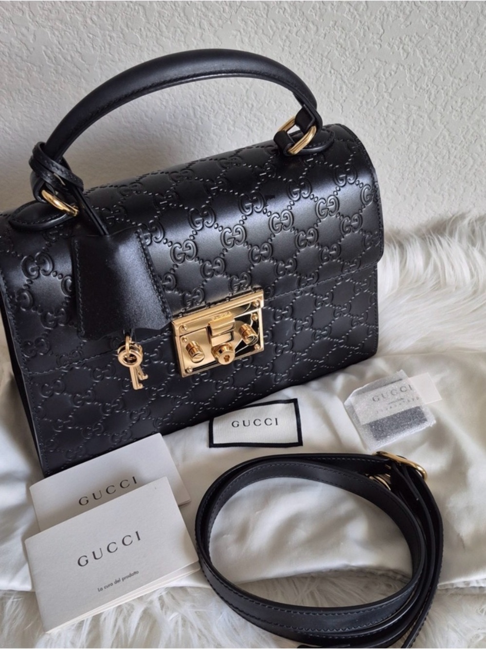 Gucci Black Embossed GG Leather Top Handle Satchel with Gold Hardware
